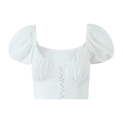 Kvinnors Kort Topp med Broderi Hög Midja Polyester-1