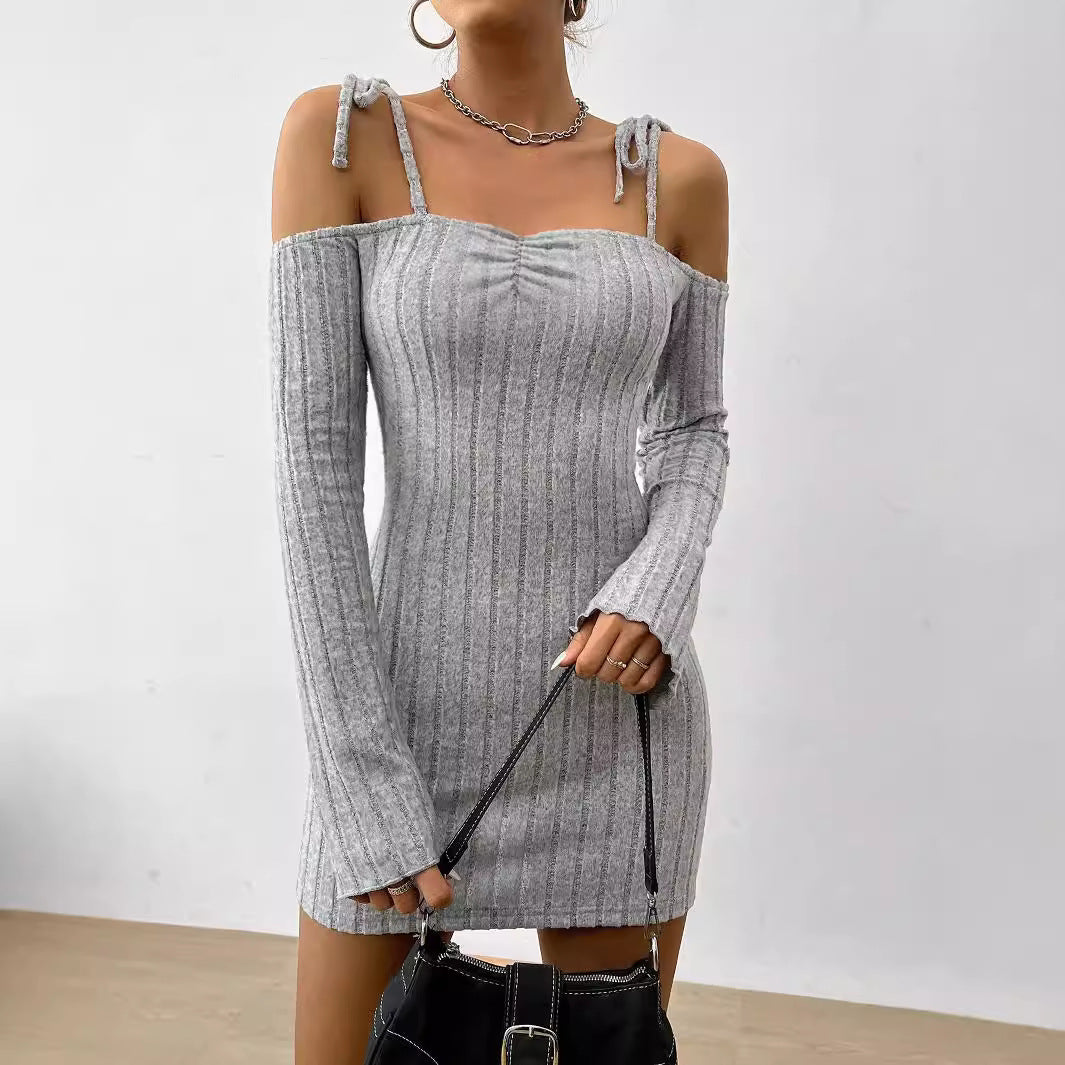 Dam Klänning Axelfri Stickad Stretchmaterial Elegant Långärmad-4