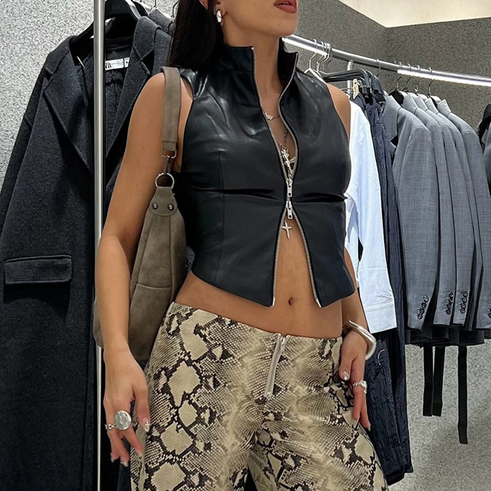 Dam Cardigan Slim Fit PU Material med Dragkedja-3