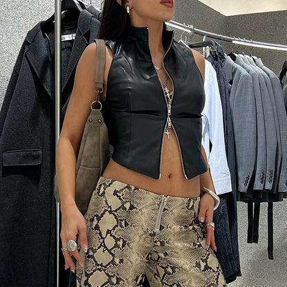 Dam Cardigan Slim Fit PU Material med Dragkedja-3