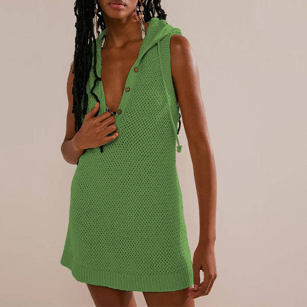 Dam Tröja V-ringad Ärmlös Viskos med Huva 5