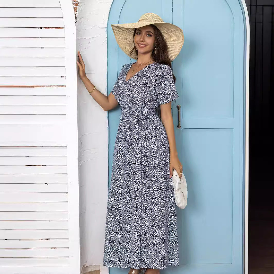 Dam Maxiklänning Blommig V-ringning med Knytband A-linjeformad Polyester-5