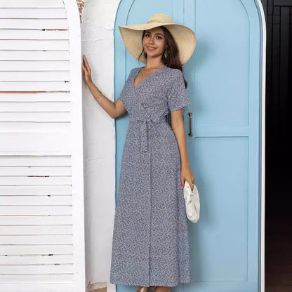 Dam Maxiklänning Blommig V-ringning med Knytband A-linjeformad Polyester-5