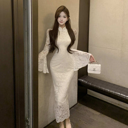 Kvinna Qipao Klänning Lång Ärmar Polyester Spandex-3