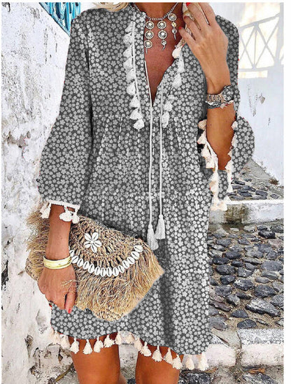 Dam Klänning Blommig V-ringad Midi A-linjeformad Polyester-6