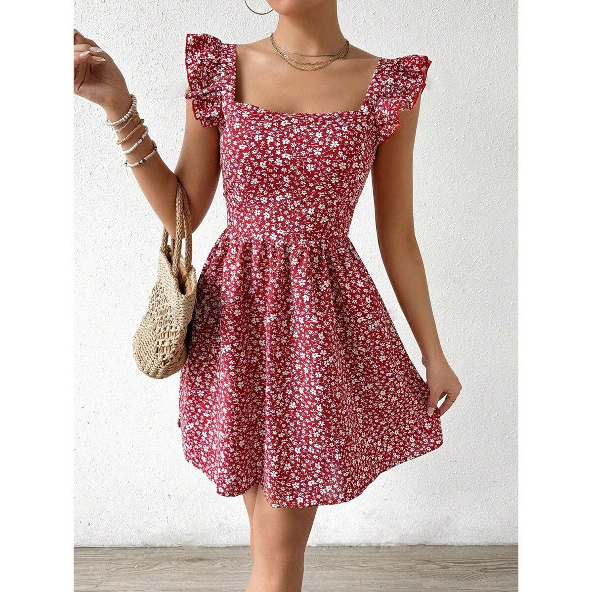 Dam Sommarklänning Blommönster med Rufflar i Andningsbart Tyg 7