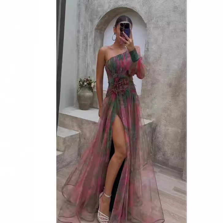 Maxiklänning Dam Blommig Asymmetrisk Långärmad Polyester-3