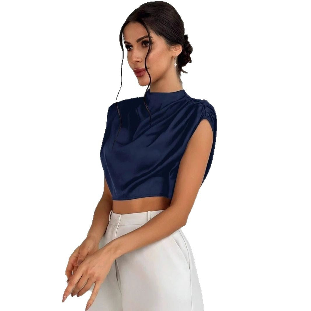 Kvinnor Kort Skjorta Plisserad Satin-5