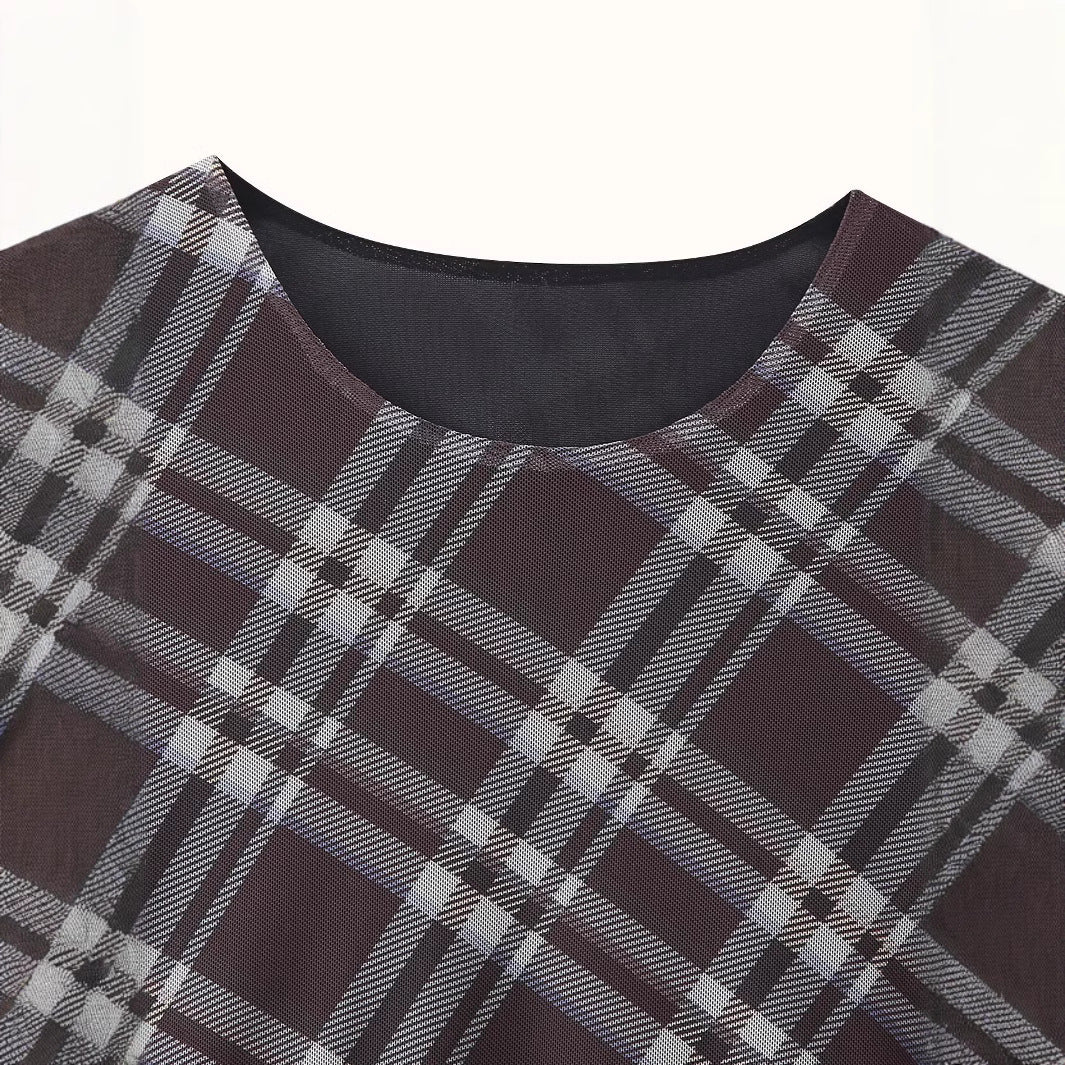 Dam Klänning Asymmetrisk Rutig Silke-Mesh Midi Long Sleeve-3