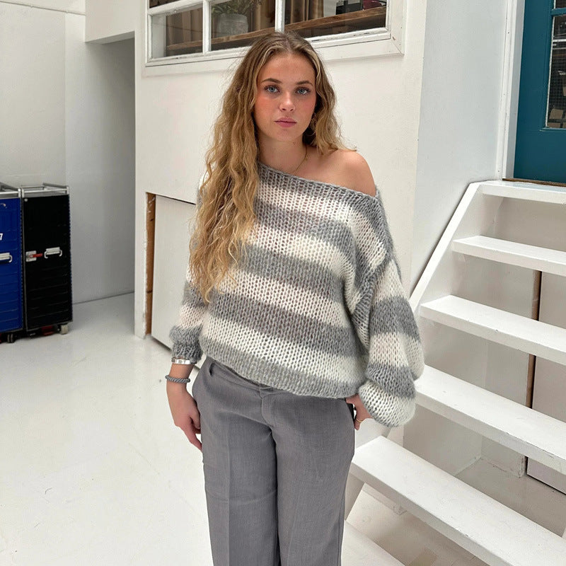 Variant image for Dam Randig Stickad Tröja Oversized Mjuk Bomull-2