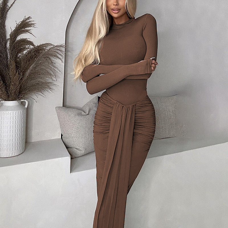 Maxiklänning Dam med Långa Ärmar och Rüsch Detaljer – Elegant Polyester-Elastan Klänning för Festliga Tillfällen 3