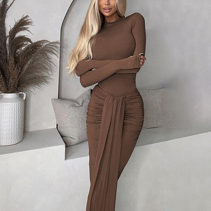 Maxiklänning Dam med Långa Ärmar och Rüsch Detaljer – Elegant Polyester-Elastan Klänning för Festliga Tillfällen 3