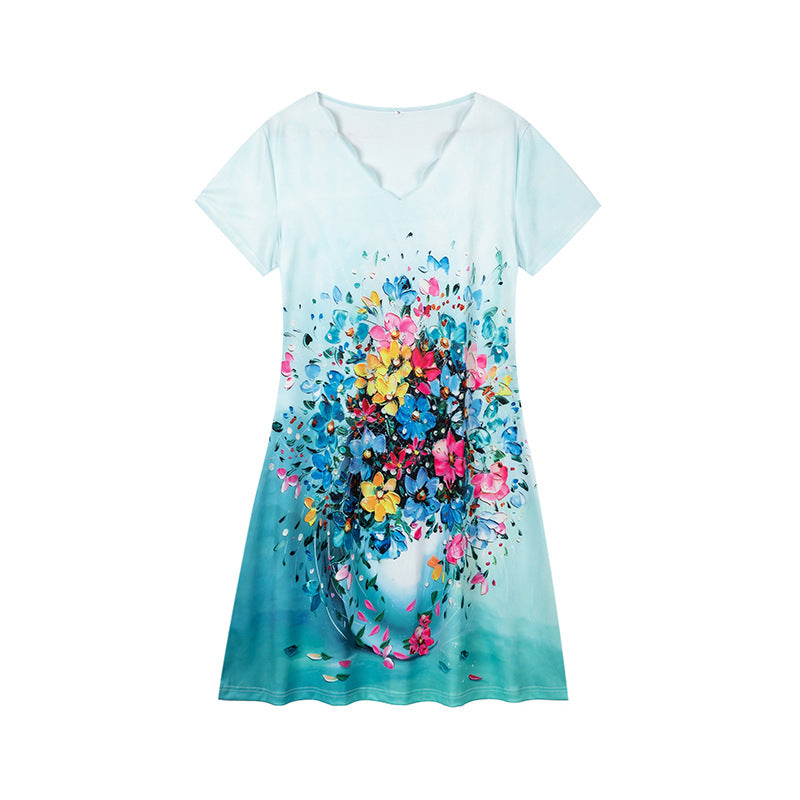 Kvinna Midi Klänning Tryckt V-Neck Kort Ärmlös Polyester-1