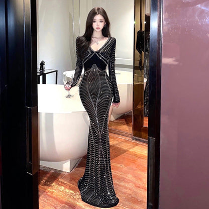 Dam Klänning Långärmad V-ringning med Rhinestone Detaljer Polyester-1