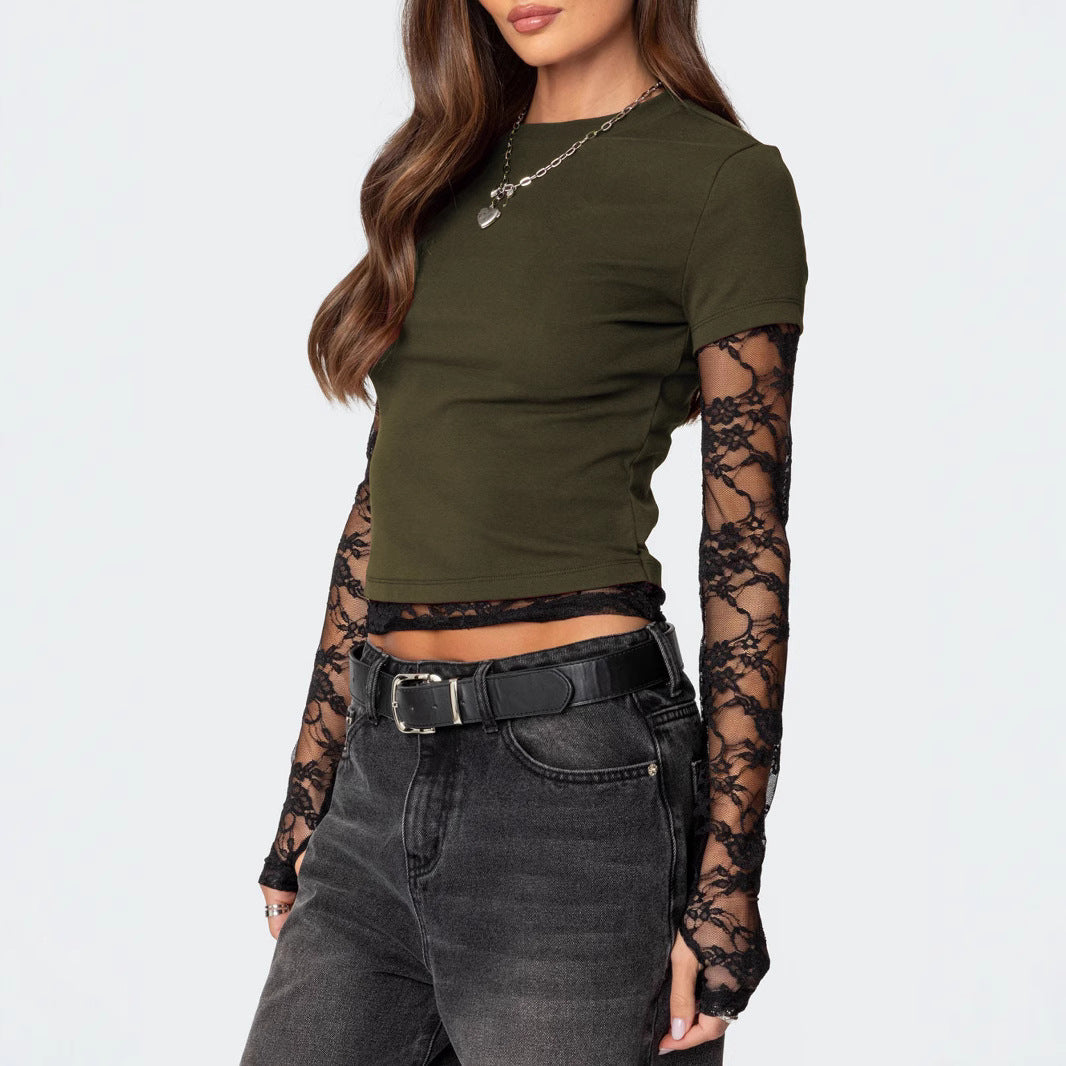 Långärmad T-Shirt Dam Rundhals Polyester Trendig Splicering-2