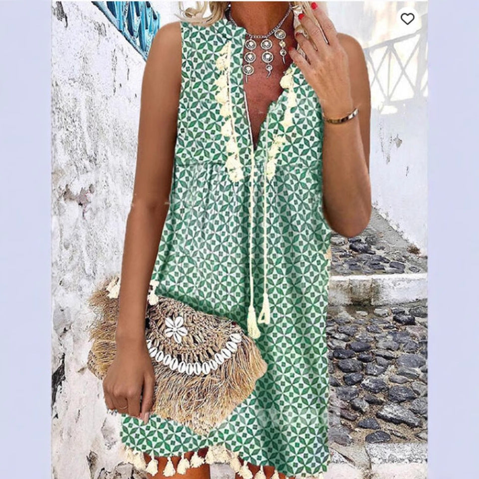 A-Line Klänning för Kvinna med V-ringning och Fransärmar – Polyester, Ärmlös, Medellång, Perfekt för Sommarfester 3