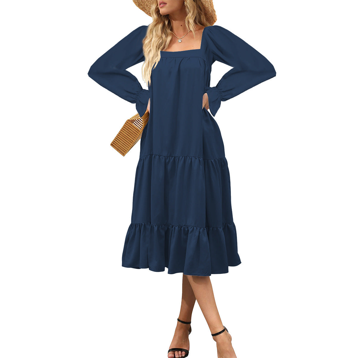 Variant image for Maxiklänning Dam A-linjeformad Viskosfiber med Långa Ärmar och Volanger-29