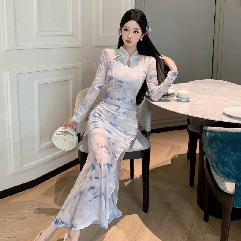 Kvinna Qipao Klänning Långärmad Tryckt Polyester-4