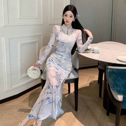 Kvinna Qipao Klänning Långärmad Tryckt Polyester-4