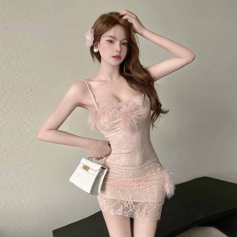 Dam Spetsklänning Kort Kjol Elegant Spets Polyester-3