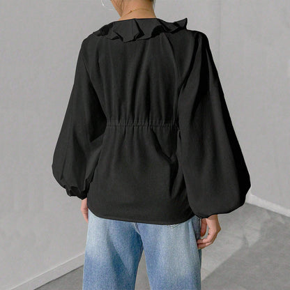 Dam Blus med Voluminösa Ärmar och Ruffle Detalj i Mjukt Material 3