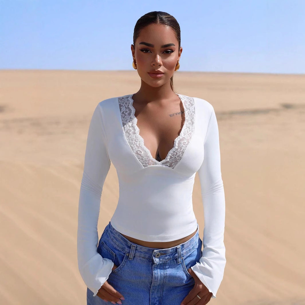 Långärmad T-shirt Dam V-ringad Spetsdetaljer 100% Bomull-4