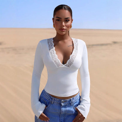 Långärmad T-shirt Dam V-ringad Spetsdetaljer 100% Bomull-4