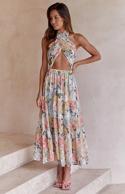 Kvinnors Långklänning Halterneck Mönstrad Polyester Elegant Fest Bröllop 1