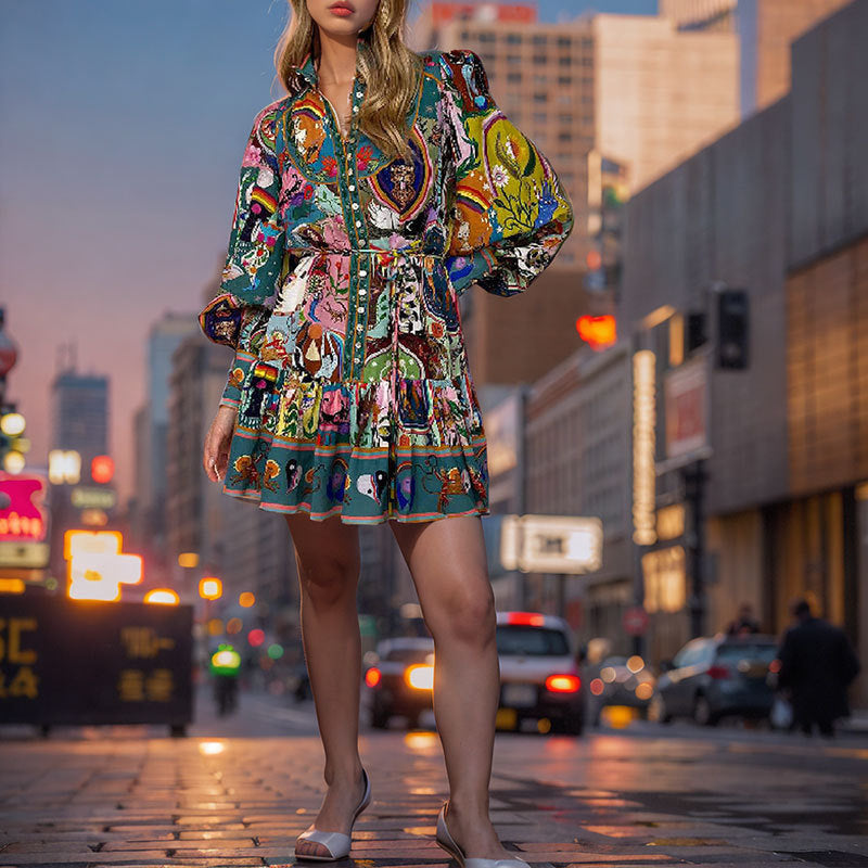 Kvinnors Blommig Klänning med Bindande Bälte Polyester Ruffle-5