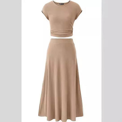 Kvinnors Midi Rock Set Crop Top Trekvartsärmar Högkvalitativt Tyg-3