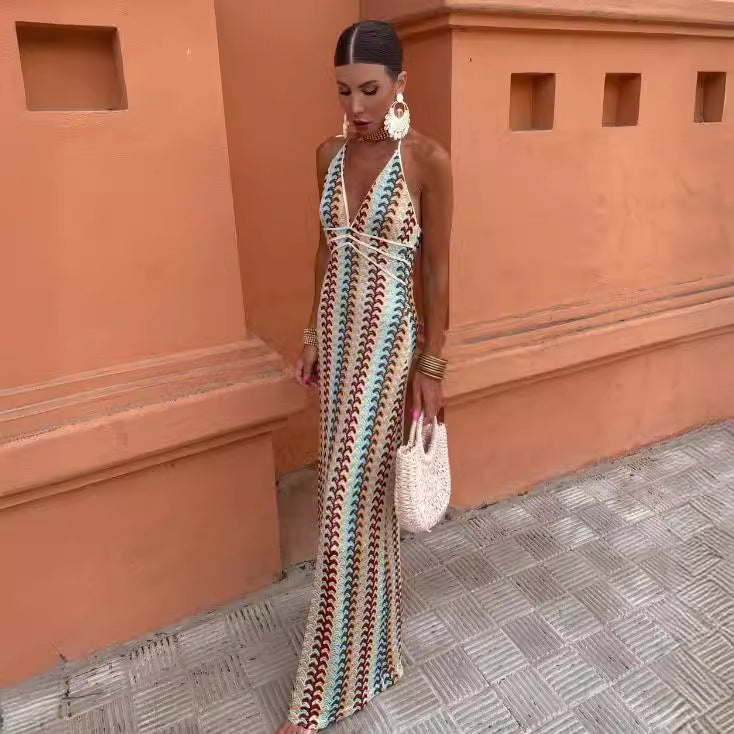 Kvinnors Stickad Klänning Djup V-ringning Vågmönster-3