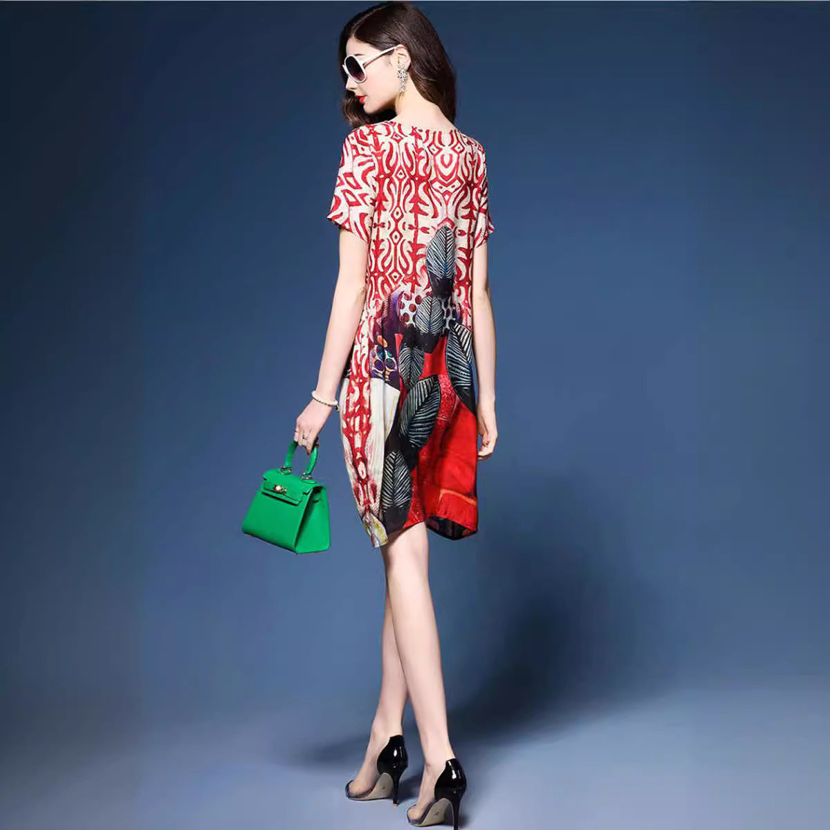 Kvinnors Midi Klänning A-Linje Tryckt Polyester 5