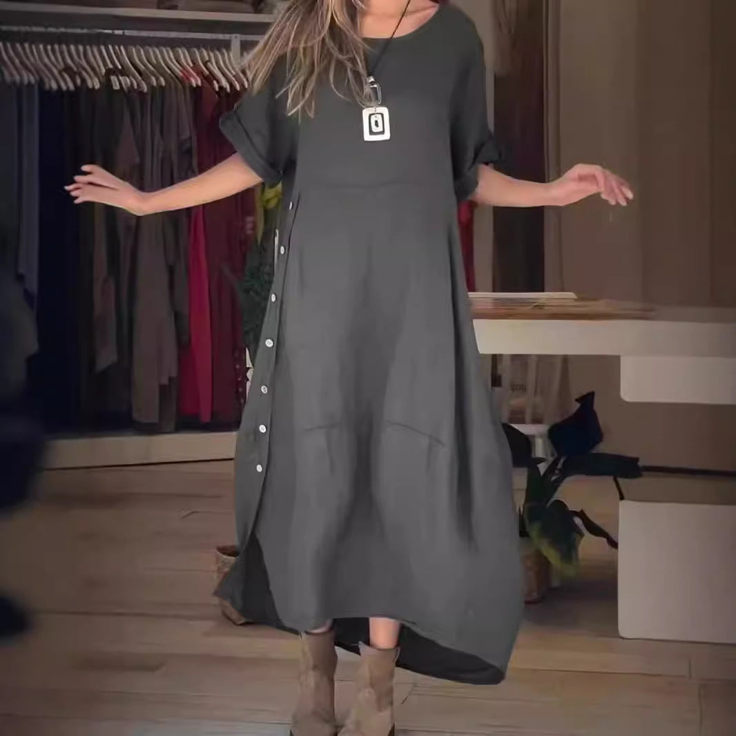 Fina Dam Klänningar Lång Kjol Kort Ärmar Bomull och Linne-4