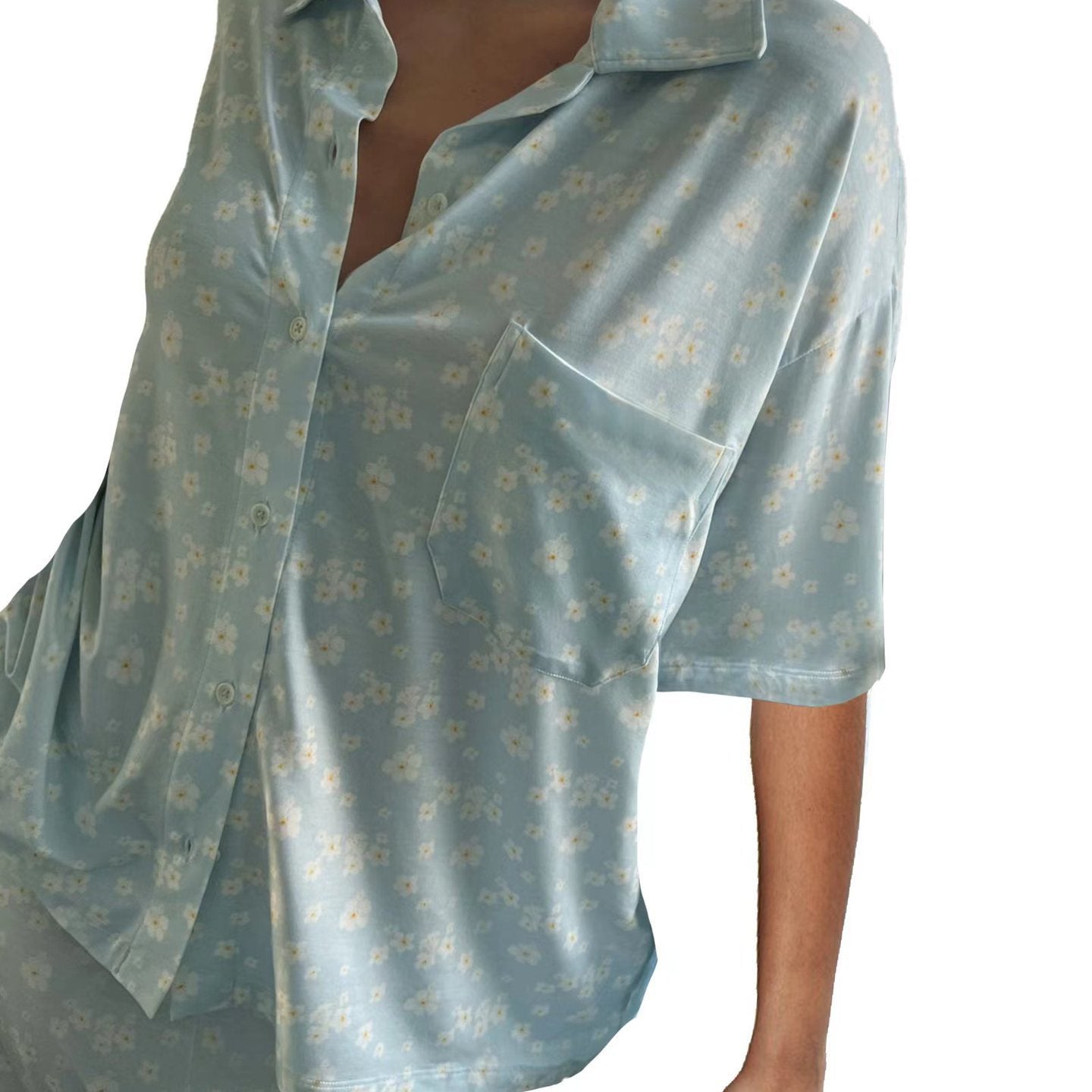 Dam Hemkläder Blommigt Kortärmad Polyester Uppsättning-5