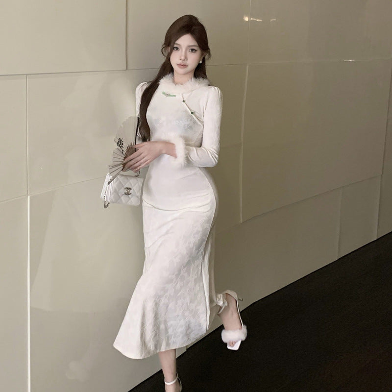 Dam Klänning Långärmad Velour med Unik Kjol-4