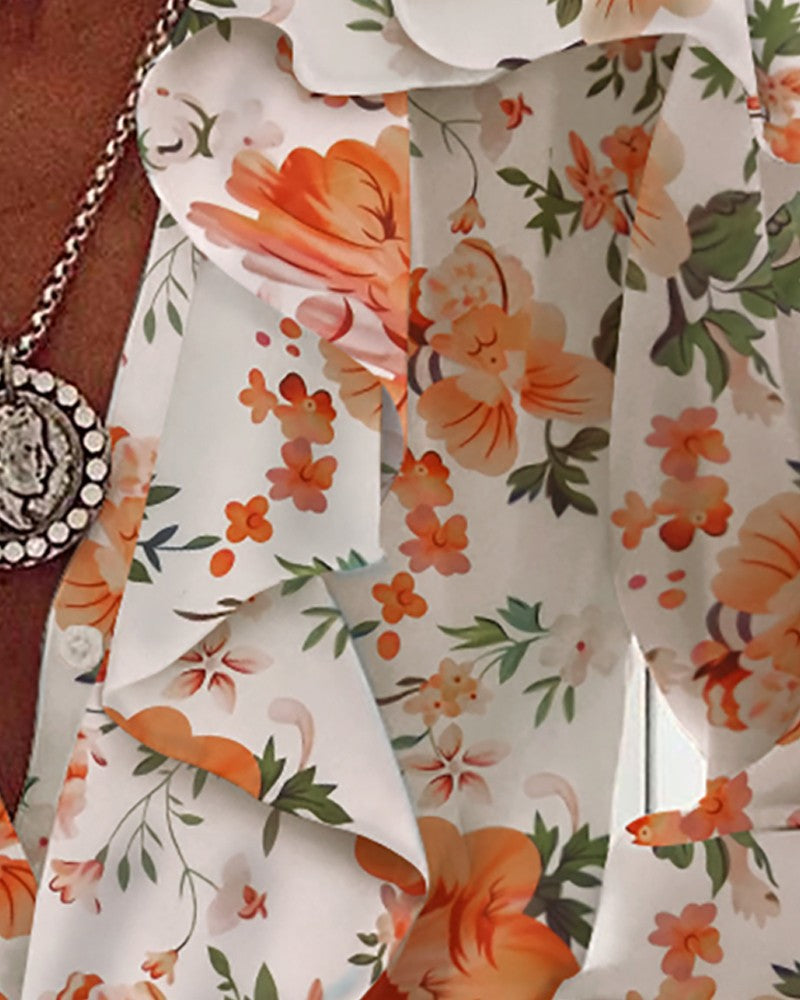 Dam Skjorta V-ringad Långärmad Chiffong med Tryckt Mönster 6