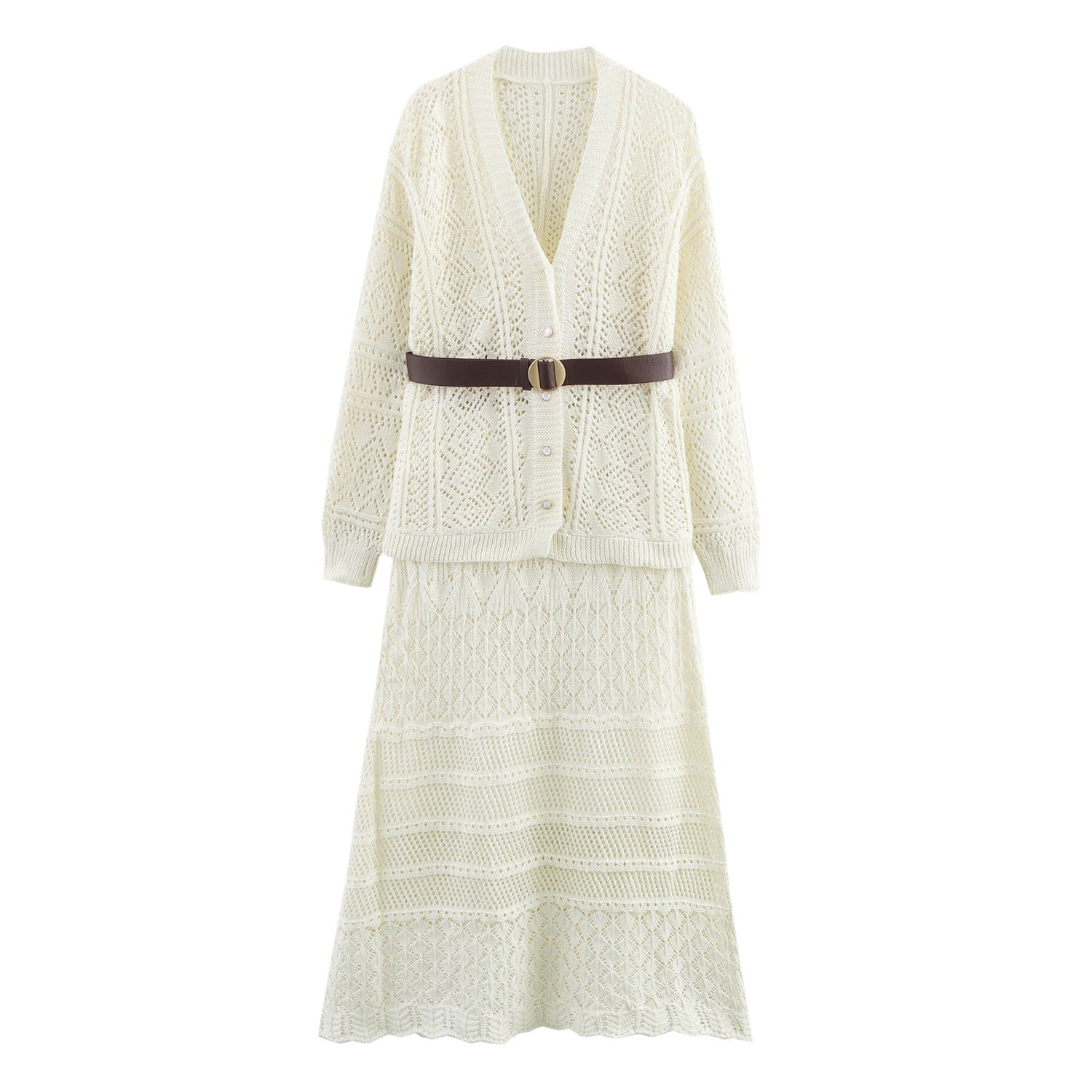 Kvinnors Stickklänning med Kofta och Bälte i Fint Material 5