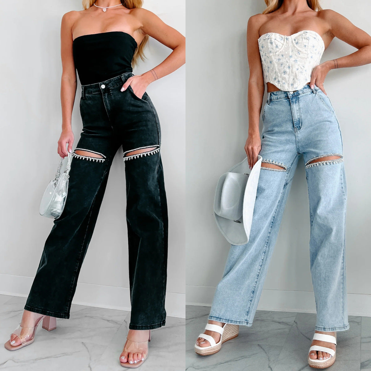 Kvinnors Rippade Raka Jeans Hög Midja Elastisk Denim-2