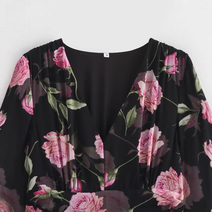 Damklänning Midi Blommönster V-ringad Chiffong A-linjeformad-2