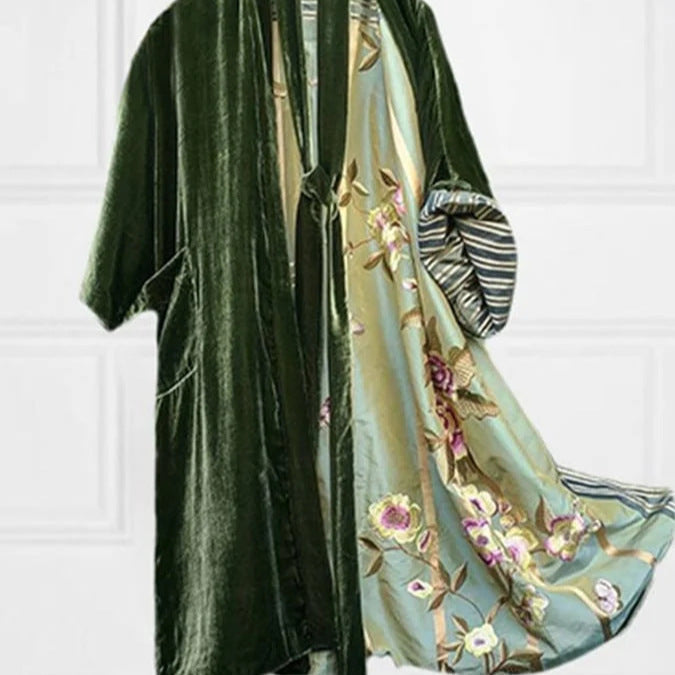 Dam Cardigan Midi Satin Blommönster med Midjebälte-4