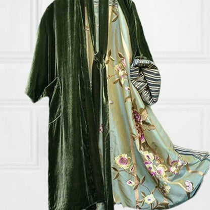 Dam Cardigan Midi Satin Blommönster med Midjebälte-4