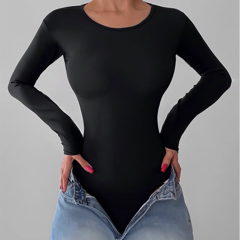 Långärmad Bodysuit Dam i Elastiskt Tyg med Cirkulär Halsringning – Perfekt för Vardags- och Festlook 5