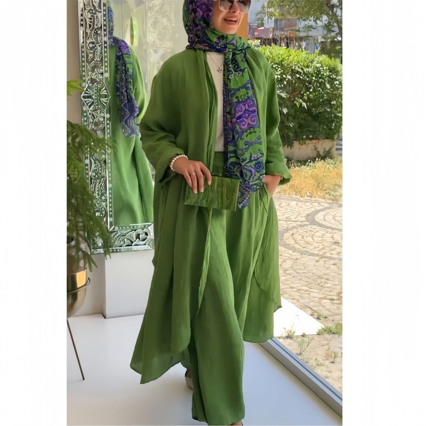 Mjukisset Dam Monokrom Lång Cardigan och Byxor Set Högkvalitativt Tyg-5