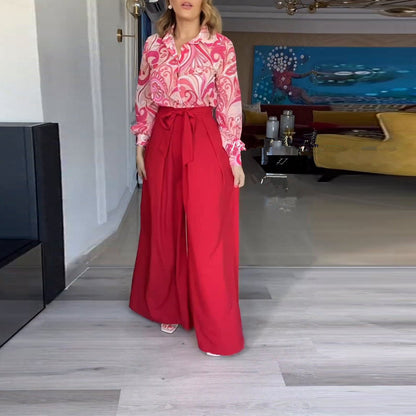 Kläder Dam Set med Lång Skjorta och Hög Midja Byxor i Polyester för Sommar-3