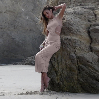 Damklänning A-Line Halterneck Lång Polyester-3