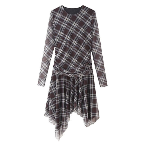 Dam Klänning Asymmetrisk Rutig Silke-Mesh Midi Long Sleeve-1