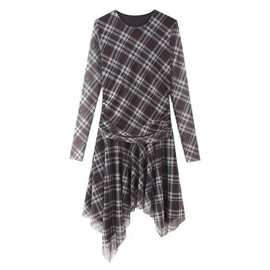 Dam Klänning Asymmetrisk Rutig Silke-Mesh Midi Long Sleeve-1