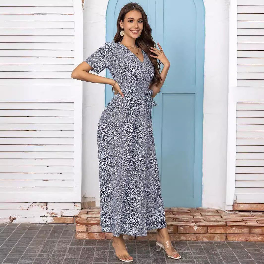 Dam Maxiklänning Blommig V-ringning med Knytband A-linjeformad Polyester-4