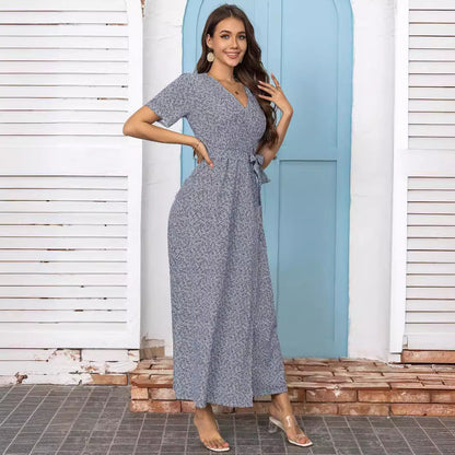 Dam Maxiklänning Blommig V-ringning med Knytband A-linjeformad Polyester-4