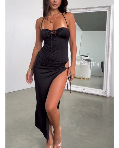 Kvinnors Lång Klänning Snörning Polyester Ärm lös-5